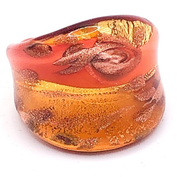 Jewelry - Handmade Art Glass Wide Band Statement Ring Orange Gold Size 8 or 7.5